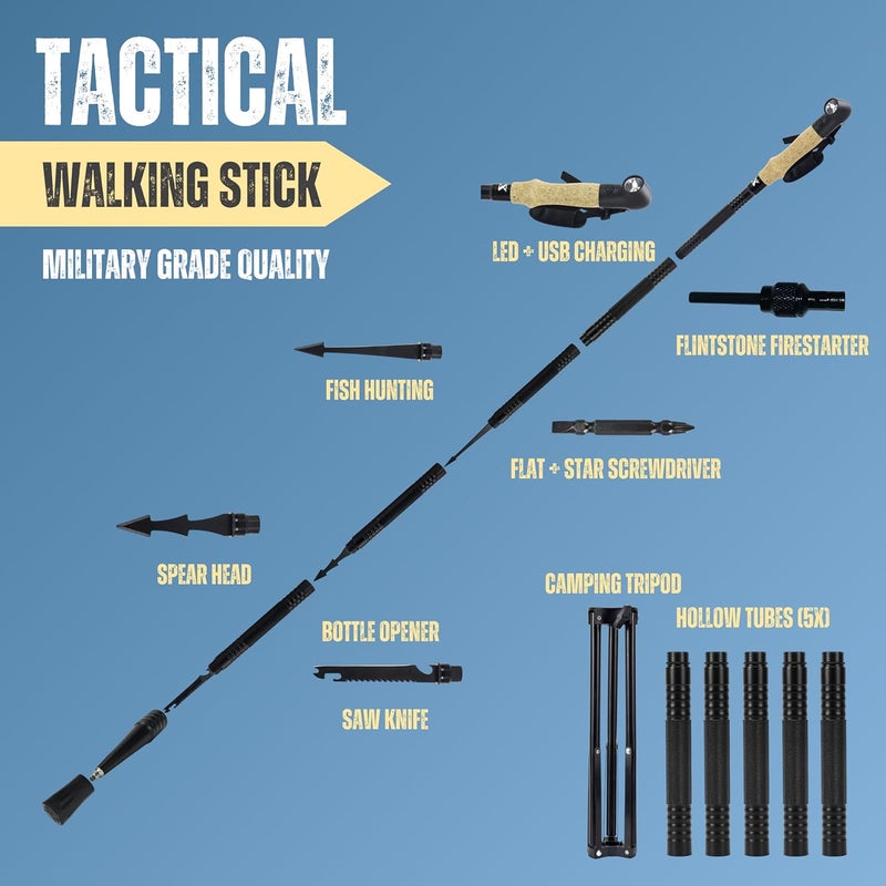 SmartstickX Collapsible Tactical Walking Stick with LED Light, USB Charging, Cork Grip, and Survival Tools – Aircraft Aluminum Trekking Pole for Hiking, Camping, Outdoors & Self Defense - Image 2